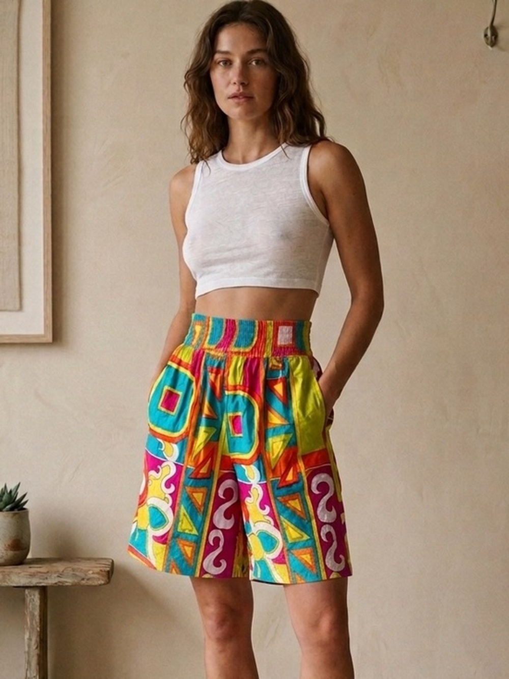 NWT Deadstock high rise, vintage flowy shorts. Orange blue M